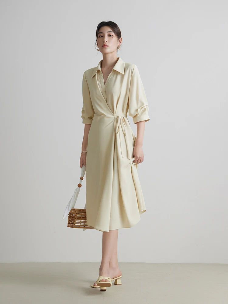 DUSHU-Vestido com design de envoltório feminino, gola virada para baixo, cortina temperamental, meia manga, preto, longa A-line, verão, 2 cores, 24DS82102