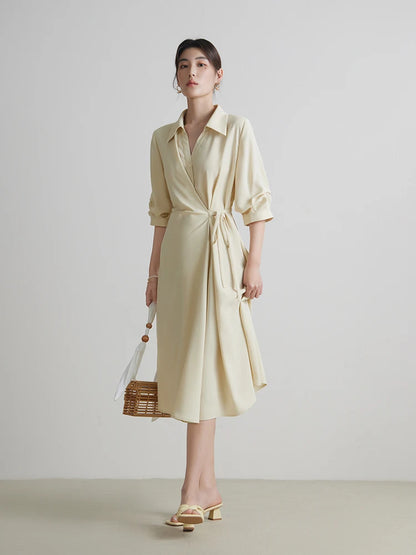 DUSHU-Vestido com design de envoltório feminino, gola virada para baixo, cortina temperamental, meia manga, preto, longa A-line, verão, 2 cores, 24DS82102