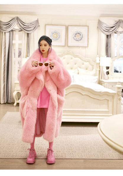 Lautaro inverno longo oversized rosa grosso quente macio desgrenhado fofo casaco de pele do falso feminino bolsos lapela solto doce bonito moda 2022