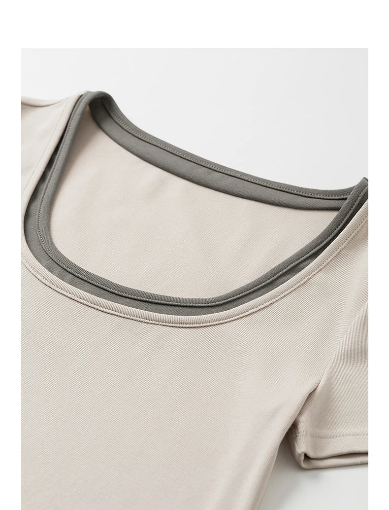 Toyoutth vestido feminino 2025 primavera novo falso duas peças cintura fina cor contrastante emenda u pescoço manga curta saia de comprimento médio