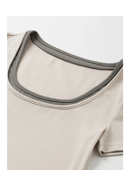 Toyoutth vestido feminino 2025 primavera novo falso duas peças cintura fina cor contrastante emenda u pescoço manga curta saia de comprimento médio