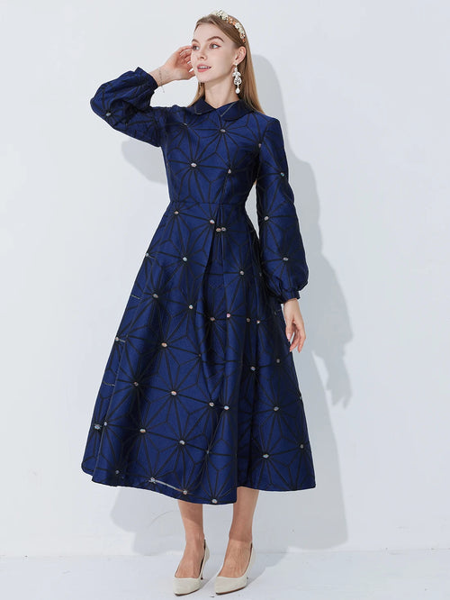 Outono/inverno gola virada manga forrada linha A silhueta geométrica jacquard pesado elegante e gracioso vestido longo