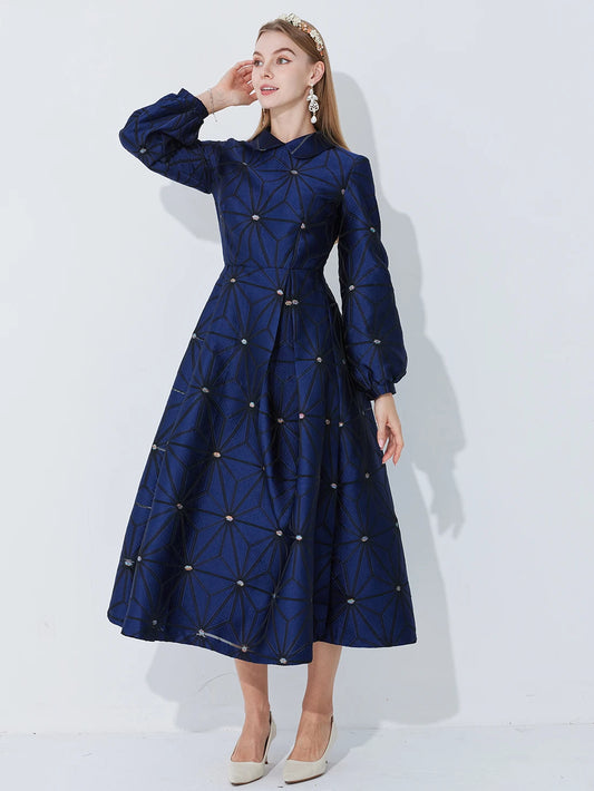 Outono/inverno gola virada manga forrada linha A silhueta geométrica jacquard pesado elegante e gracioso vestido longo