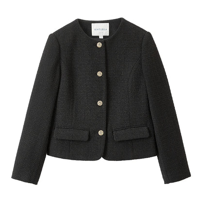 Sentubila preto recortado tweed jaqueta para mulher 2025 primavera único breasted moda estilo coreano casacos curtos outerwears 123w42756