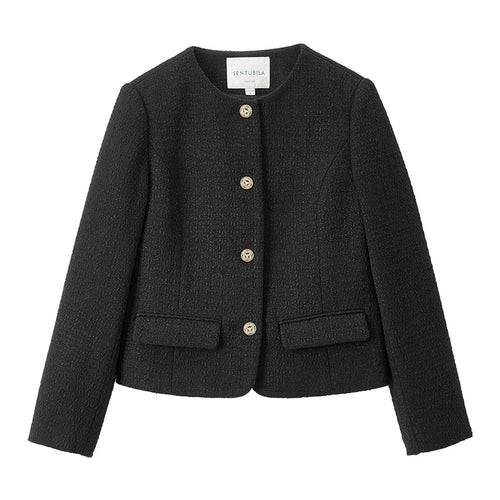 Sentubila preto recortado tweed jaqueta para mulher 2025 primavera único breasted moda estilo coreano casacos curtos outerwears 123w42756