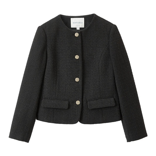 Sentubila preto recortado tweed jaqueta para mulher 2025 primavera único breasted moda estilo coreano casacos curtos outerwears 123w42756