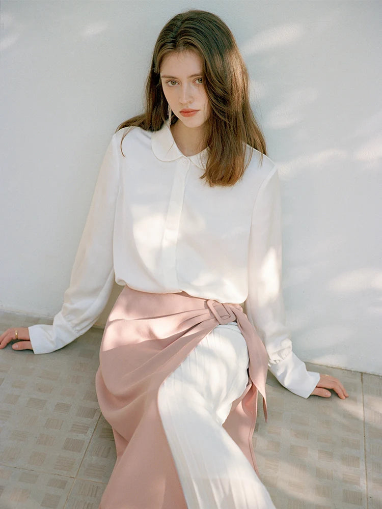 FSLE-Camisa de manga comprida Peter Pan Collar feminino, Chiffon Top, Branco Redutor de Idade, Camisas Femininas Versáteis, 24FS11104