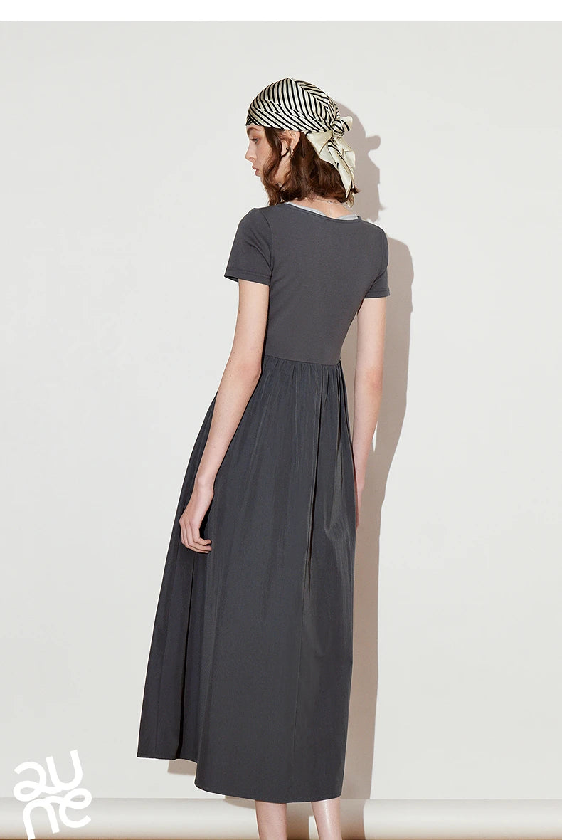 Toyoutth vestido feminino 2025 primavera novo falso duas peças cintura fina cor contrastante emenda u pescoço manga curta saia de comprimento médio