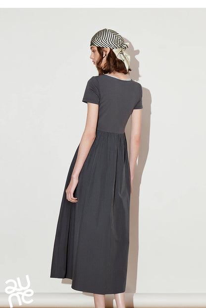 Toyoutth vestido feminino 2025 primavera novo falso duas peças cintura fina cor contrastante emenda u pescoço manga curta saia de comprimento médio