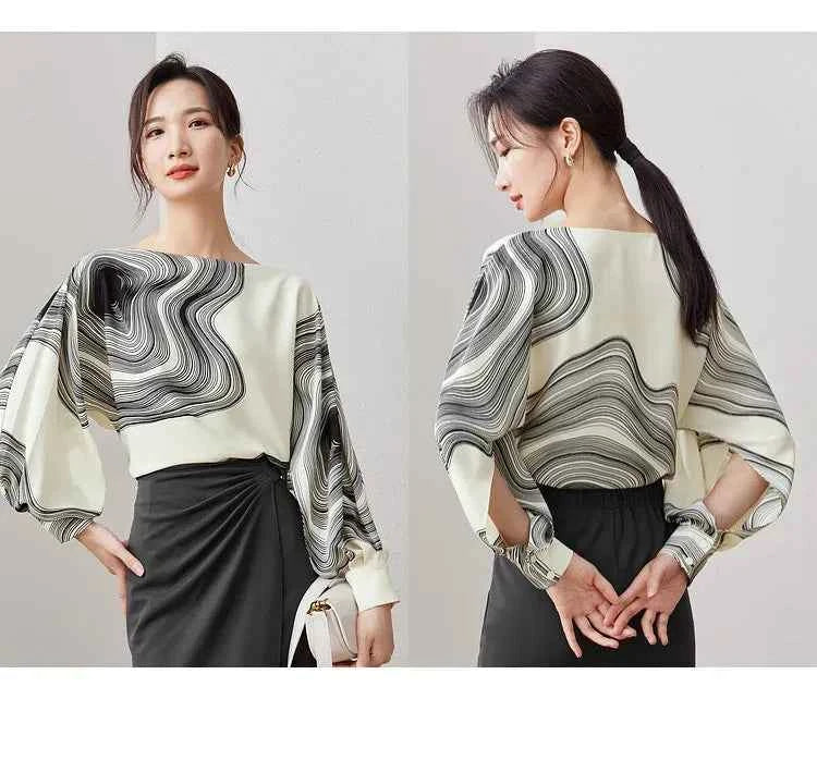 Blusa Chiffon Estampada Élise Marbre — Elegância Contemporânea com Leveza Absoluta