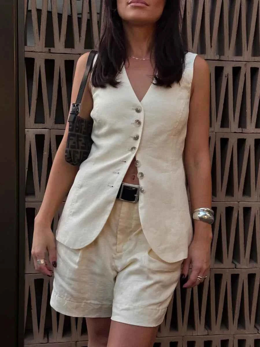 Conjunto Feminino Essence Linen – Colete & Short de Linho e Algodão