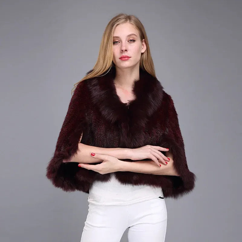 Poncho Casaco de Pele de Coelho e Raposa para Mulheres