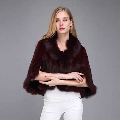 Poncho Casaco de Pele de Coelho e Raposa para Mulheres
