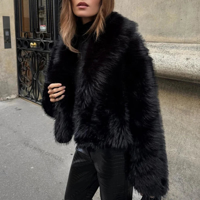 Neo mint rua moda xale colarinho falso casaco de pele de raposa feminino 2024 inverno legal meninas preto curto jaqueta de pele vintage chique casaco