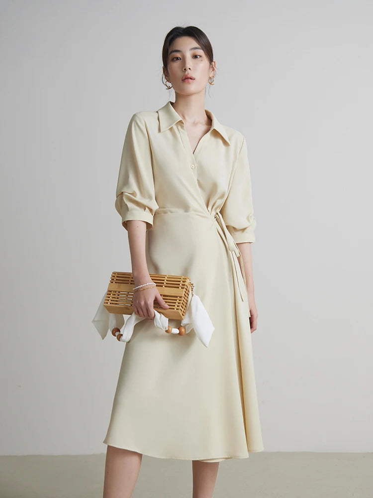 DUSHU-Vestido com design de envoltório feminino, gola virada para baixo, cortina temperamental, meia manga, preto, longa A-line, verão, 2 cores, 24DS82102