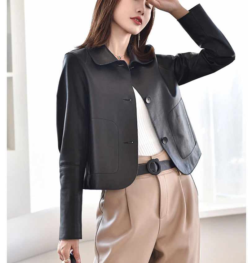 Casacos curtos de pele de carneiro feminino harajuku moda jassen dames fino jaqueta de couro legítimo gola quadrada na moda streetwear casaco