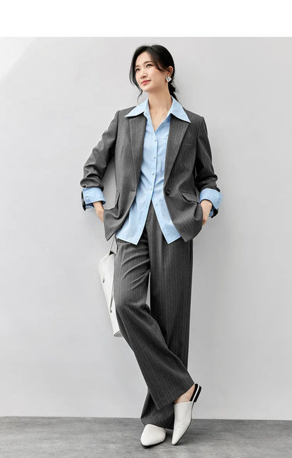 Sentubila feminino textura listrado calça ternos 2024 inverno entalhado pescoço único botão calças de perna reta 2 peça conjunto 143z56524