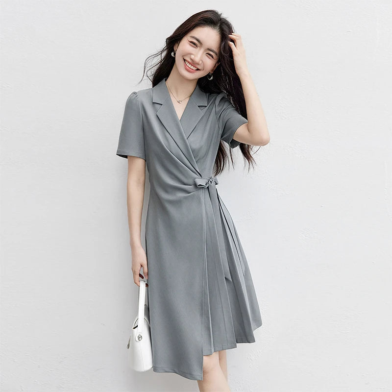 SENTUBILA vestido de verano 2025 mujer lugar de trabajo desplazamientos mangas abullonadas dobladillo Irregular atado cintura Cincher plisado vestidos Midi Q52LC0189