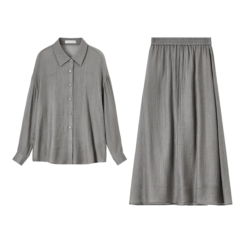 Sentubila lyocell 2 peças conjuntos de saia feminina roupa 2025 primavera lapela gola camisas a linha cintura elástica saias elegantes 151z58654