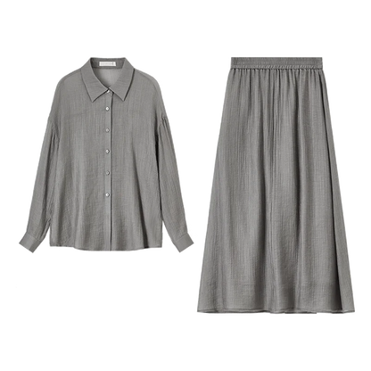 Sentubila lyocell 2 peças conjuntos de saia feminina roupa 2025 primavera lapela gola camisas a linha cintura elástica saias elegantes 151z58654