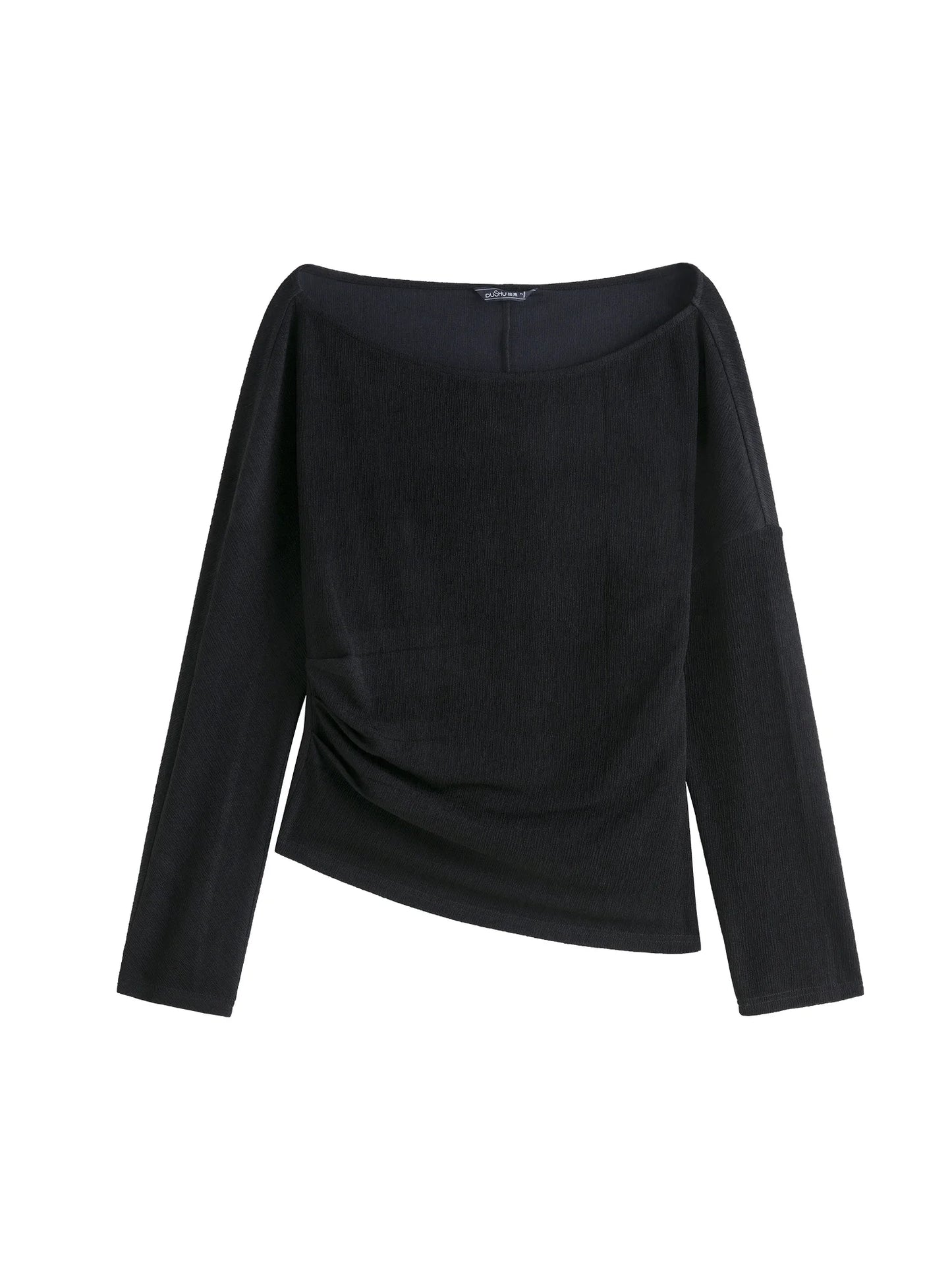 DUSHU-Conjunto de saia preta feminina, parte superior do pescoço, divisão irregular, elástico na cintura, saia longa, temperamento, manga longa, 24DH83004