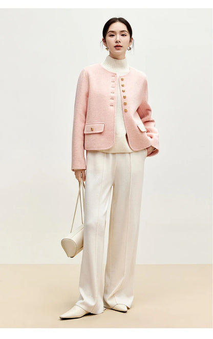 Sentubila casaco de lã de luxo para mulheres 2024 inverno gola redonda reta único breasted roupas femininas de alta qualidade w44o56591