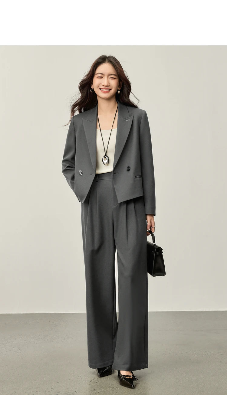 Sentubila blazer e calças terno 2025 acolchoado ombro superior calças de perna larga senhora define feminino trabalho wear 2 peça set153ze1874