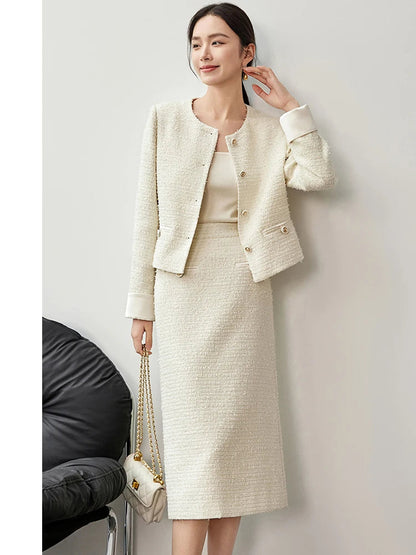 Sentubila conjunto de saia de tweed com textura feminina 2025 outono reto o pescoço jaquetas curtas fenda-hem saia longa conjuntos de 2 peças 143z56291