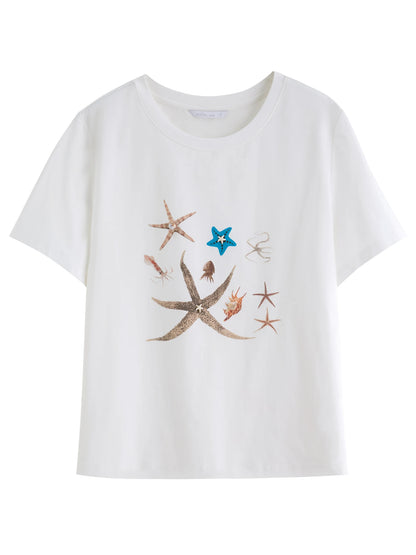 Dushu feminino elemento marinho impresso concha decorada camiseta 2025 nova chegada moda versátil magro casual topo 25ds82912