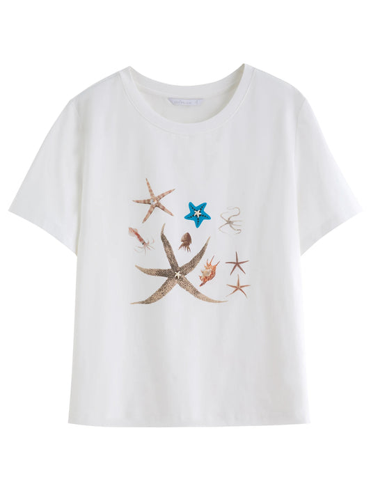 Dushu feminino elemento marinho impresso concha decorada camiseta 2025 nova chegada moda versátil magro casual topo 25ds82912