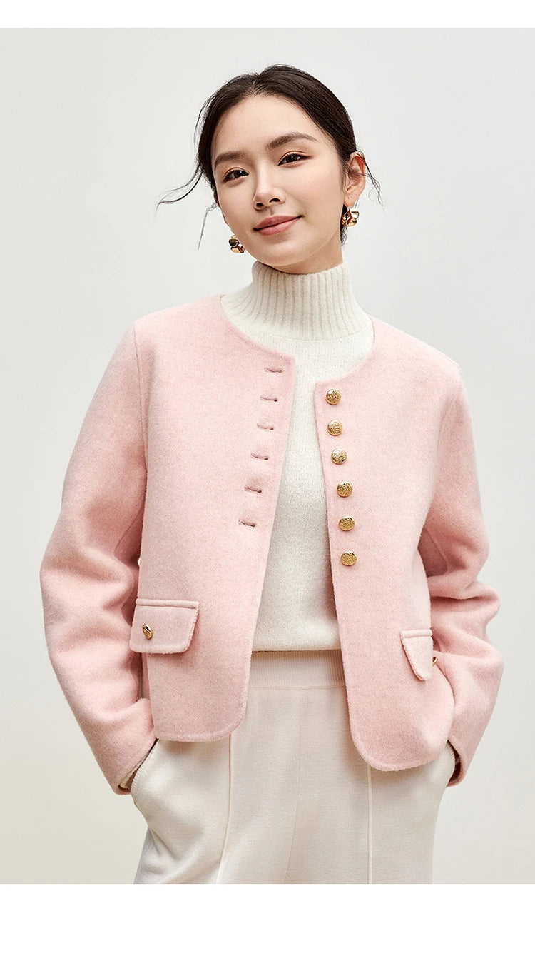 Sentubila casaco de lã de luxo para mulheres 2024 inverno gola redonda reta único breasted roupas femininas de alta qualidade w44o56591
