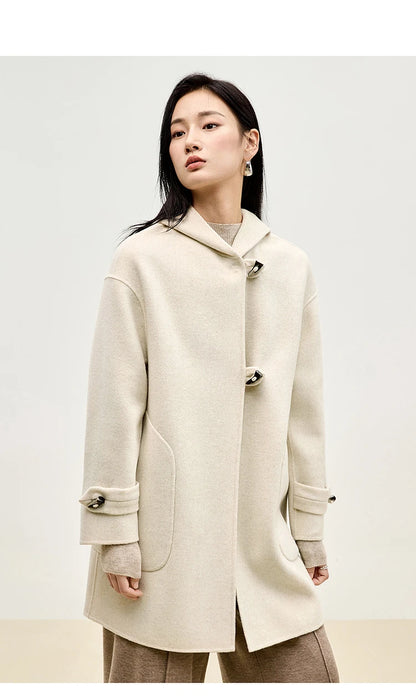 Sentubila dupla face 100% casaco de lã 2024 inverno comprimento médio reto touro chifre fivela feminino com capuz outwear w44o55979