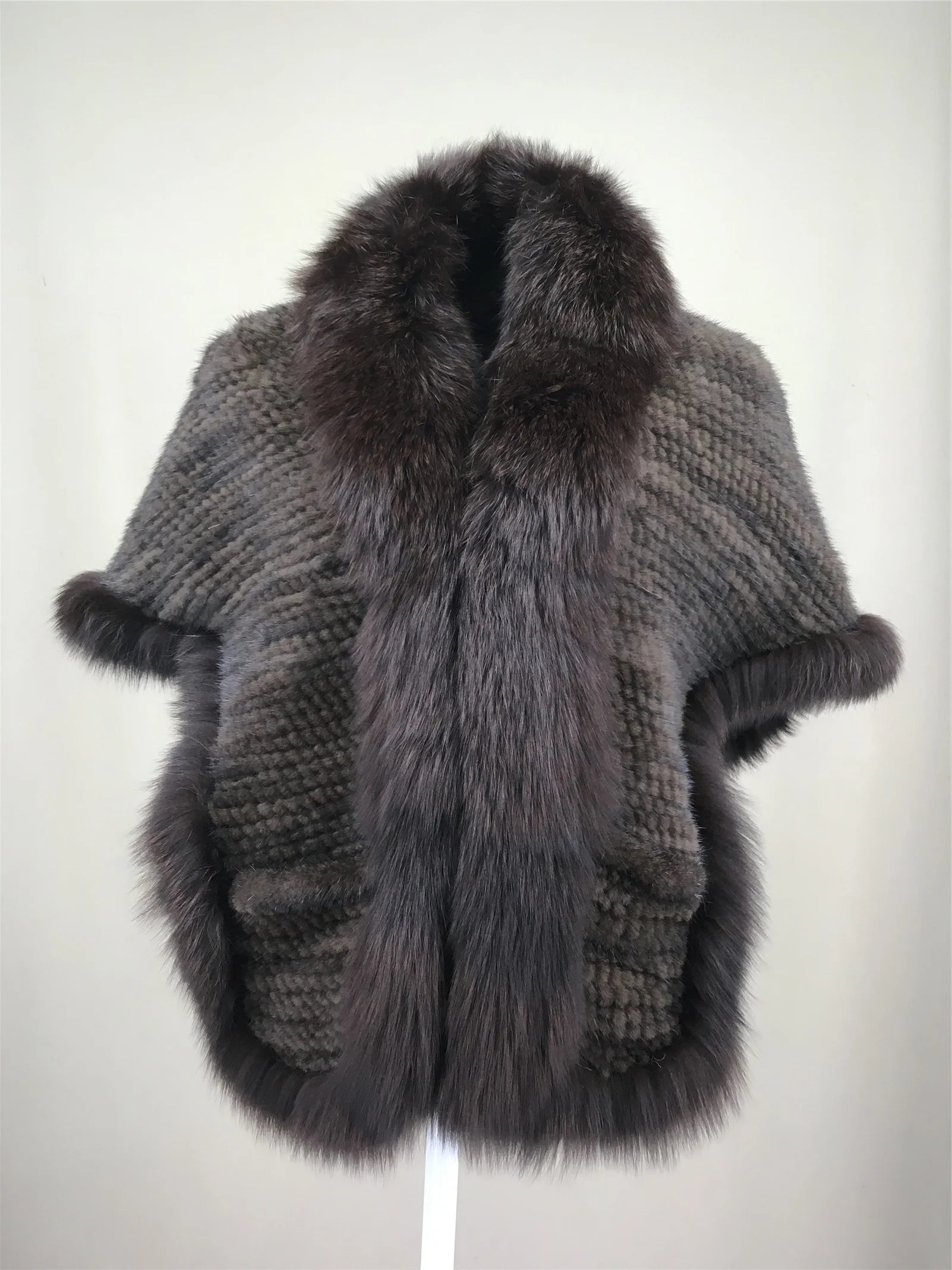 Xale de tricô de pele de vison real com gola de corte de pele de raposa, estola de capa frontal, xale branco coreano peludo luxuoso, inverno
