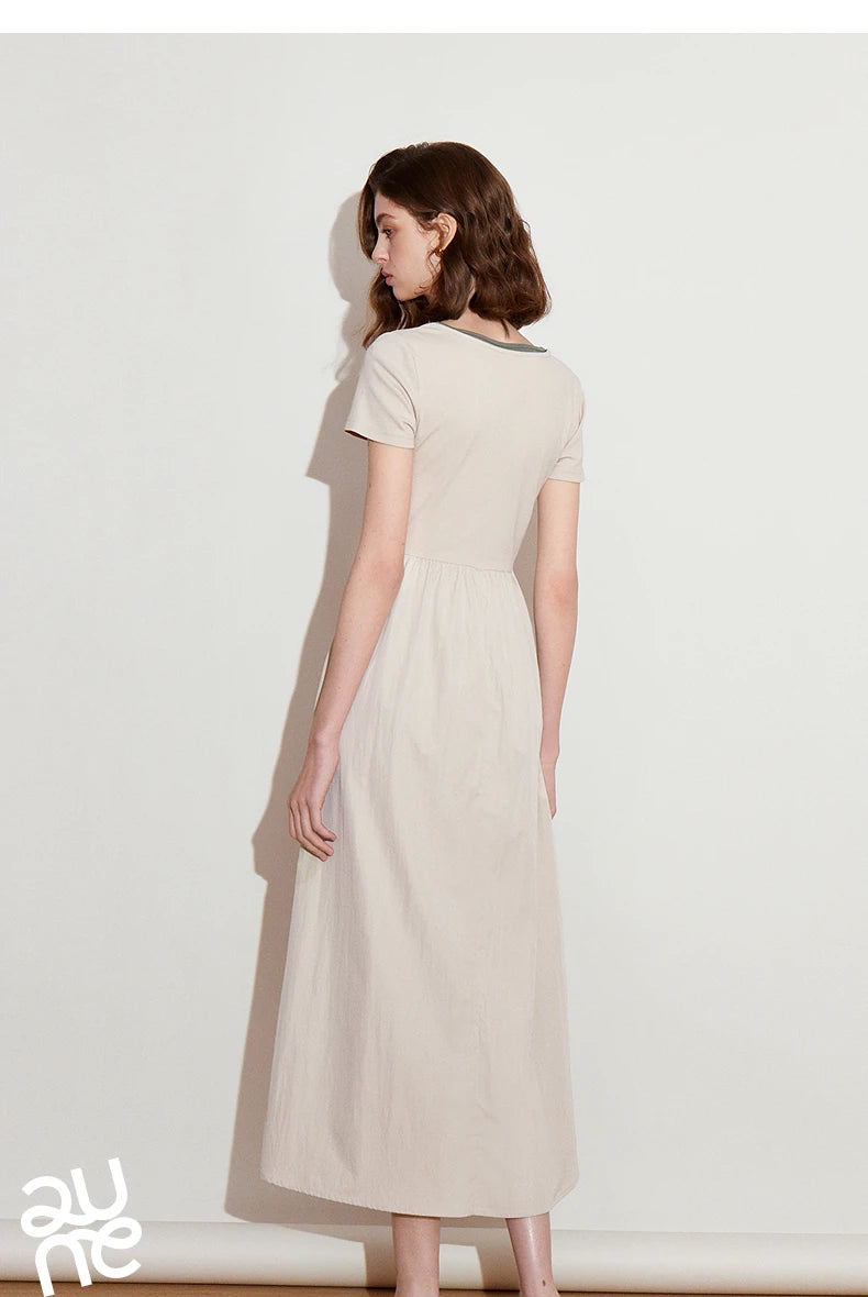 Toyoutth vestido feminino 2025 primavera novo falso duas peças cintura fina cor contrastante emenda u pescoço manga curta saia de comprimento médio