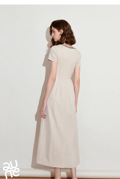 Toyoutth vestido feminino 2025 primavera novo falso duas peças cintura fina cor contrastante emenda u pescoço manga curta saia de comprimento médio