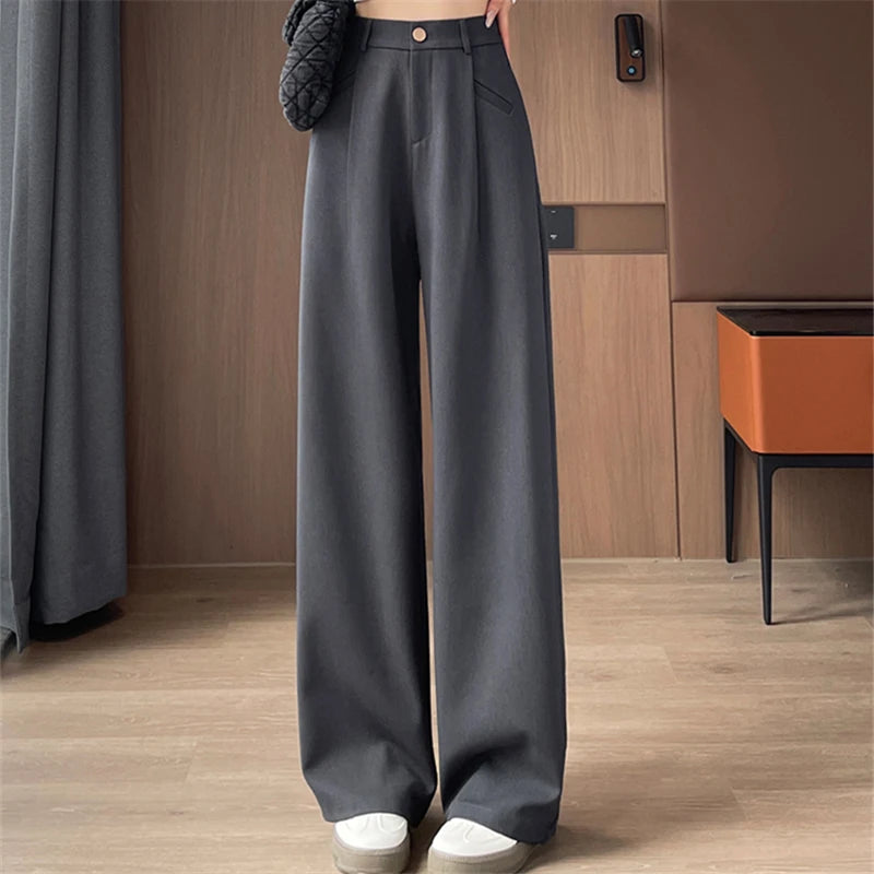 Seoulish-Calça de perna larga feminina, calça feminina elegante, monocromática, casual, solta, escritório, comprimento total, coreano, botão, Novo, Outono, 2022
