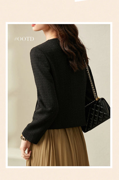 Sentubila preto recortado tweed jaqueta para mulher 2025 primavera único breasted moda estilo coreano casacos curtos outerwears 123w42756