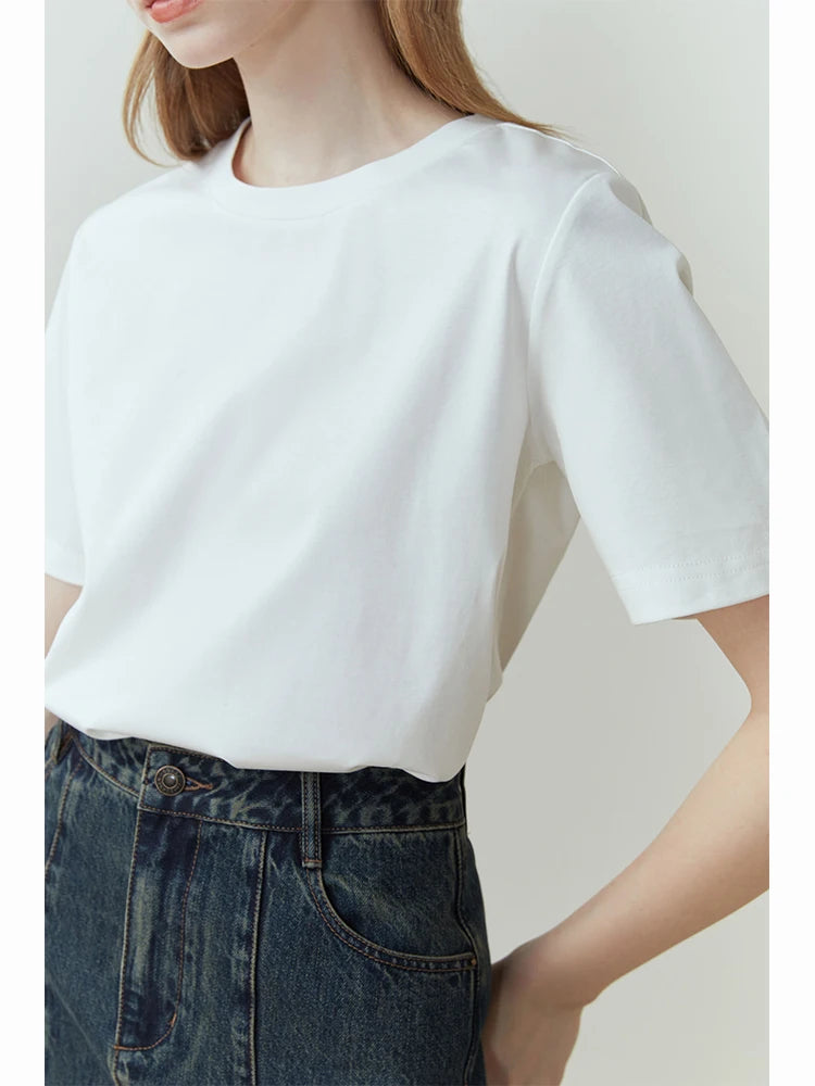 FSLE-camiseta feminina de manga curta, 100% algodão, gola redonda, blusa reta, branca e preta, nova para primavera e verão, 2023
