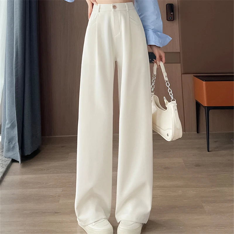 Seoulish-Calça de perna larga feminina, calça feminina elegante, monocromática, casual, solta, escritório, comprimento total, coreano, botão, Novo, Outono, 2022