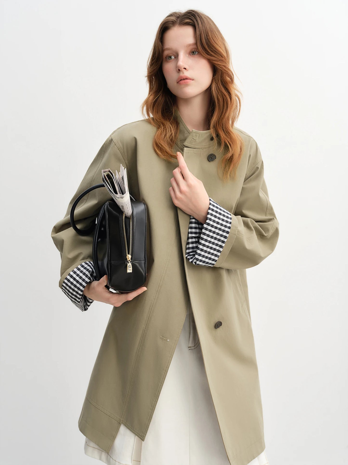 Dushu outono 2025 feminino gola trench coat-ajuste relaxado xadrez retalhos solto outerwear casual blusão topo