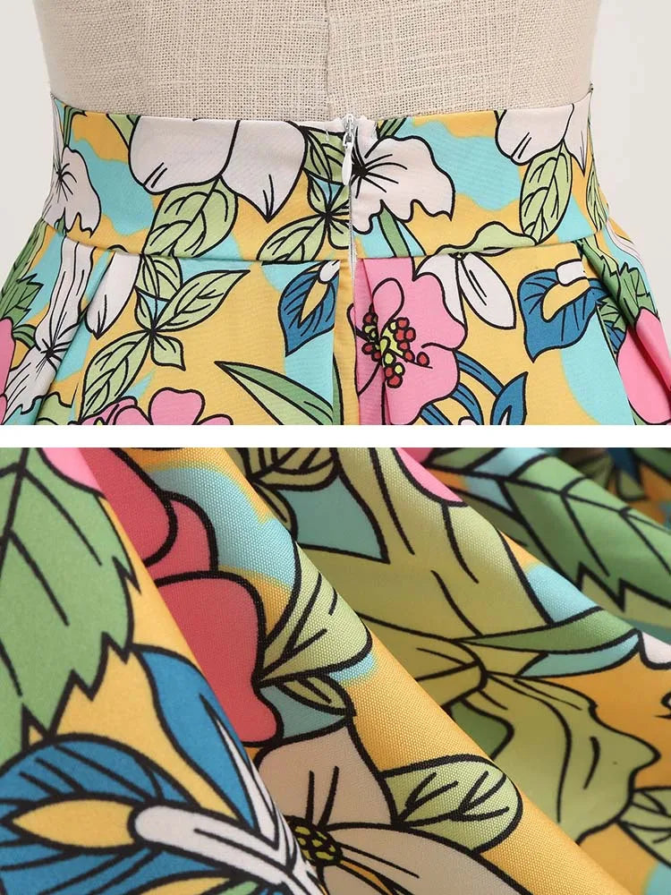 Saia de verão com estampa floral feminina cintura alta balanço 50s vintage retro rockabilly midi saias plissadas faldas