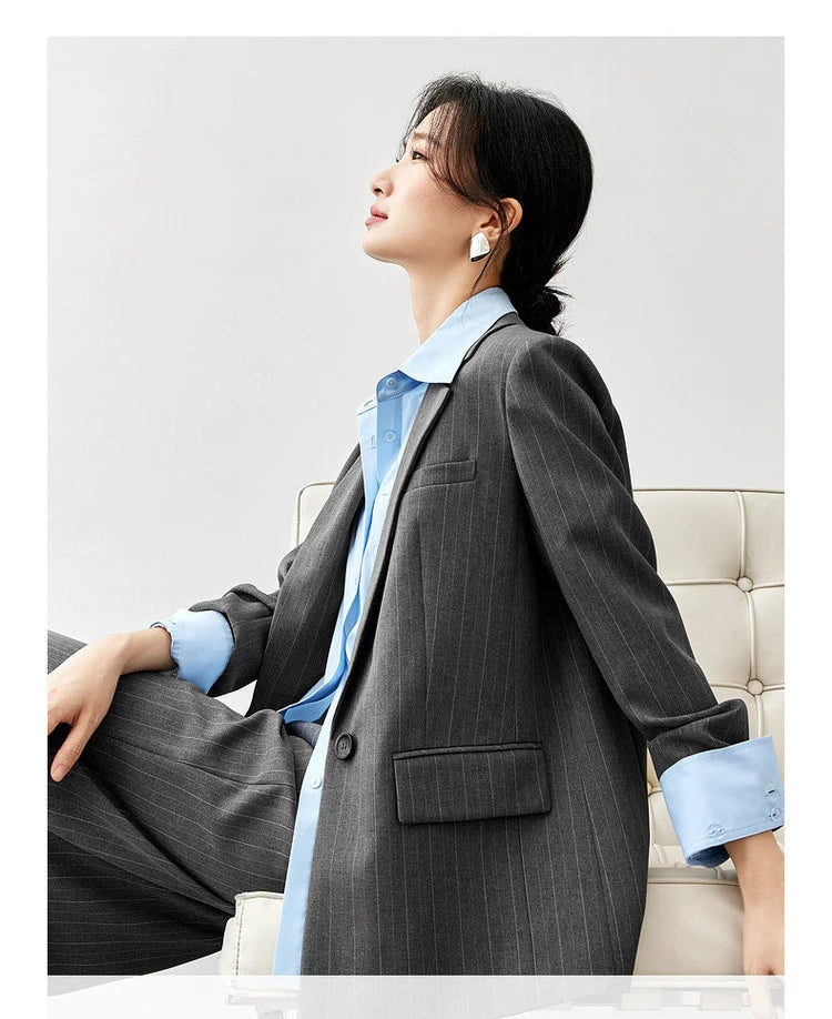 Sentubila feminino textura listrado calça ternos 2024 inverno entalhado pescoço único botão calças de perna reta 2 peça conjunto 143z56524