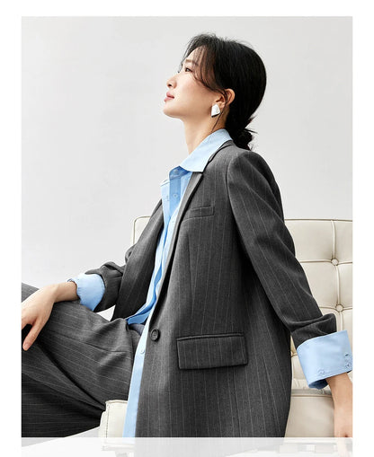 Sentubila feminino textura listrado calça ternos 2024 inverno entalhado pescoço único botão calças de perna reta 2 peça conjunto 143z56524