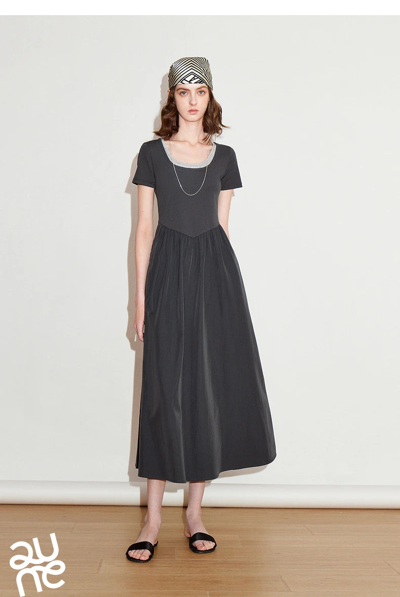 Toyoutth vestido feminino 2025 primavera novo falso duas peças cintura fina cor contrastante emenda u pescoço manga curta saia de comprimento médio