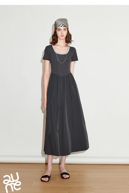 Toyoutth vestido feminino 2025 primavera novo falso duas peças cintura fina cor contrastante emenda u pescoço manga curta saia de comprimento médio