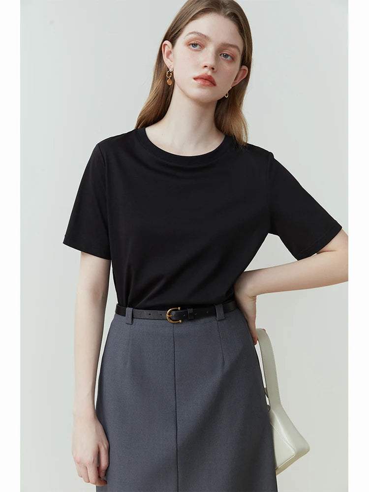FSLE-camiseta feminina de manga curta, 100% algodão, gola redonda, blusa reta, branca e preta, nova para primavera e verão, 2023