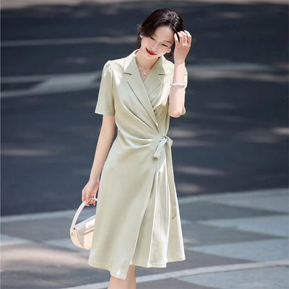 SENTUBILA vestido de verano 2025 mujer lugar de trabajo desplazamientos mangas abullonadas dobladillo Irregular atado cintura Cincher plisado vestidos Midi Q52LC0189