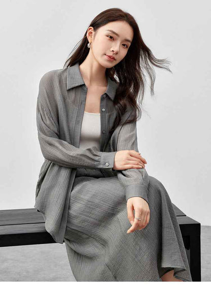Conjunto Feminino Elegante em Lyocell Camisa e Saia Élodie