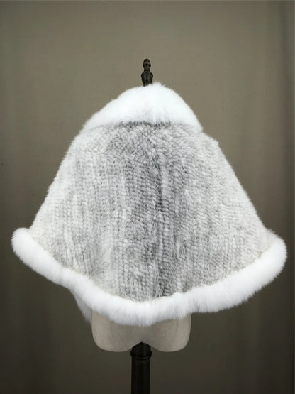 Xale de tricô de pele de vison real com gola de corte de pele de raposa, estola de capa frontal, xale branco coreano peludo luxuoso, inverno