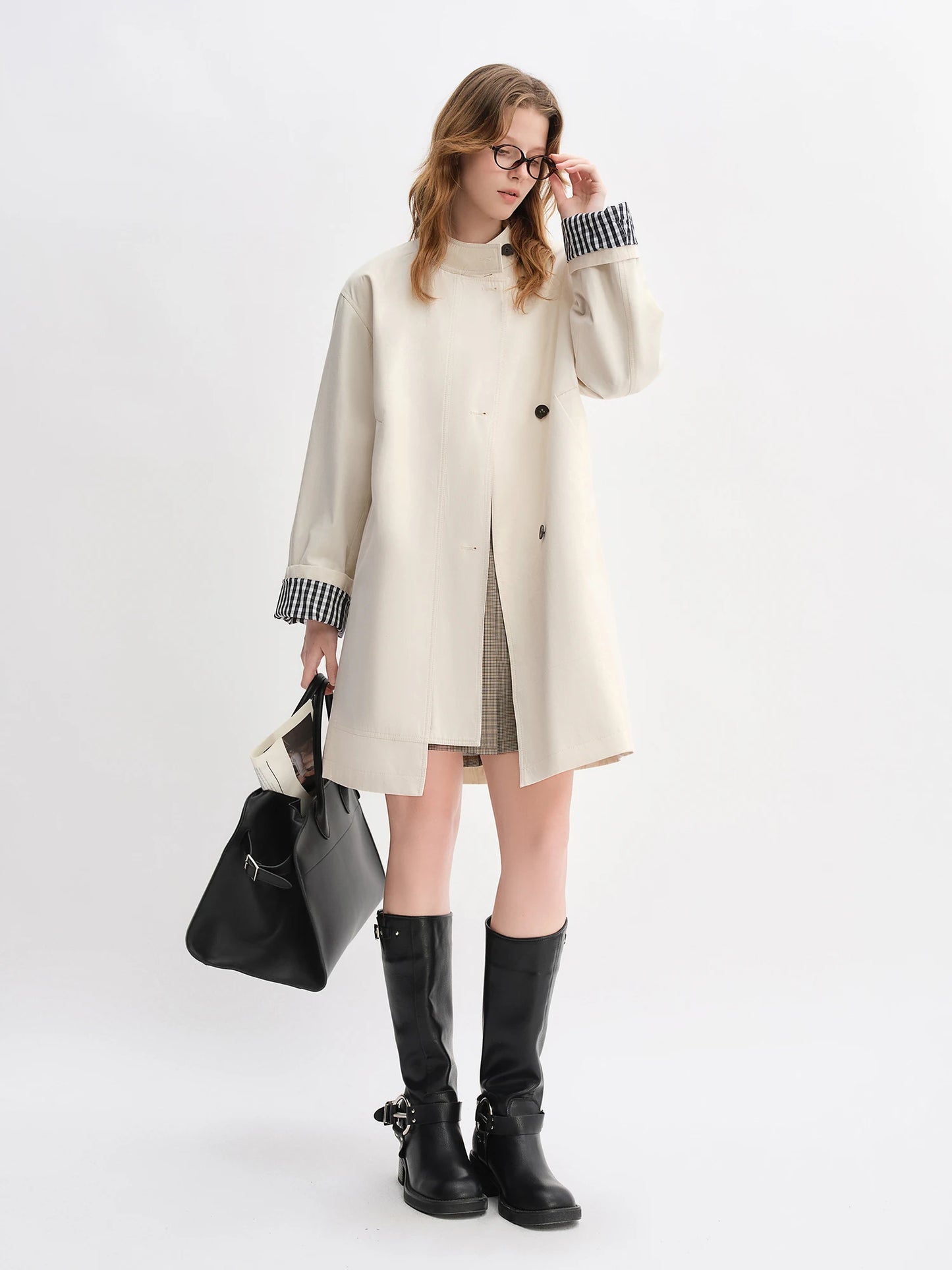 Dushu outono 2025 feminino gola trench coat-ajuste relaxado xadrez retalhos solto outerwear casual blusão topo